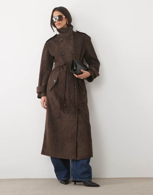 Pretty Lavish trenchcoat i mockaimitation med ståkrage i lång modell, brun, 4 av 4