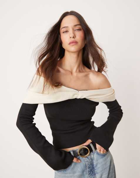 Pretty Lavish twist contrast bardot knit top in black - view 1