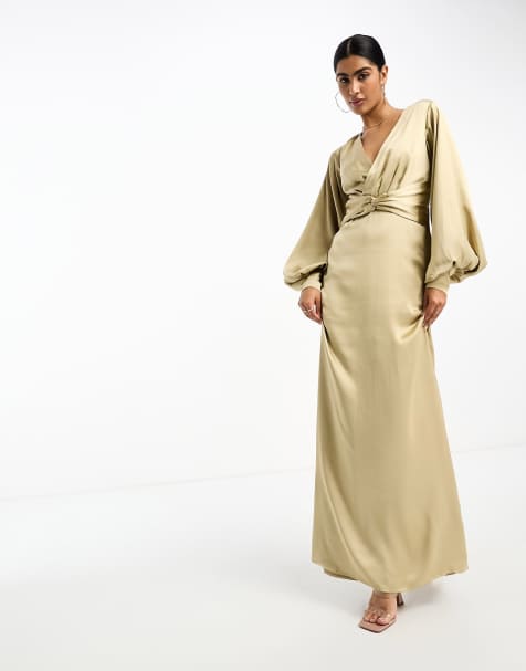 Women Elegant Long Sleeve Maxi Dresses Sexy O Neck Ruched Split