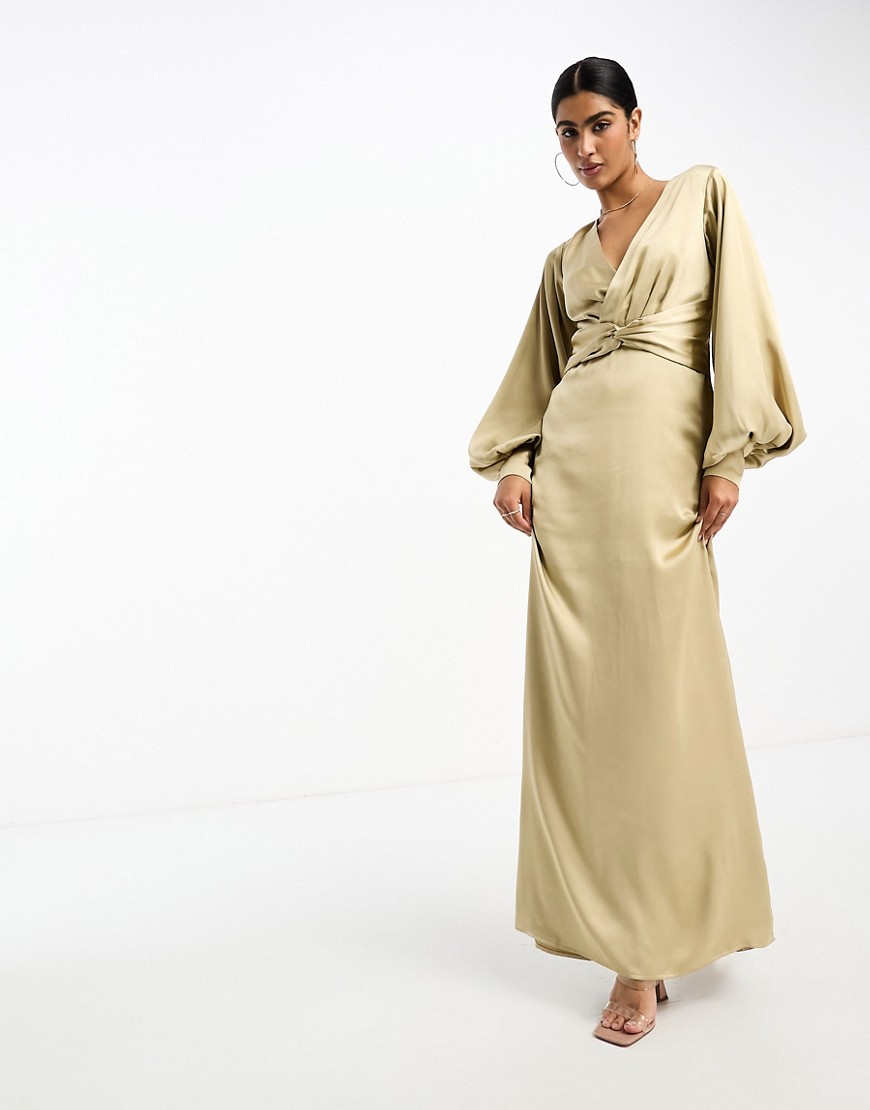 Pretty Lavish twist front satin maxi dress in champagne gold-Neutral