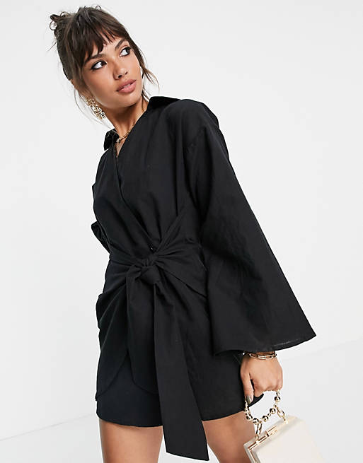 Pretty Lavish twist front shirt mini dress in black