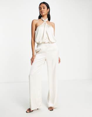 Pretty Lavish twist neck satin jumpsuit in oyster - ASOS Price Checker