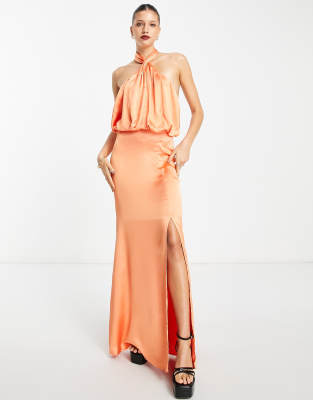 pretty lavish orange dress Pretty Lavish Twist Neck Satin Maxi Dress In Orange