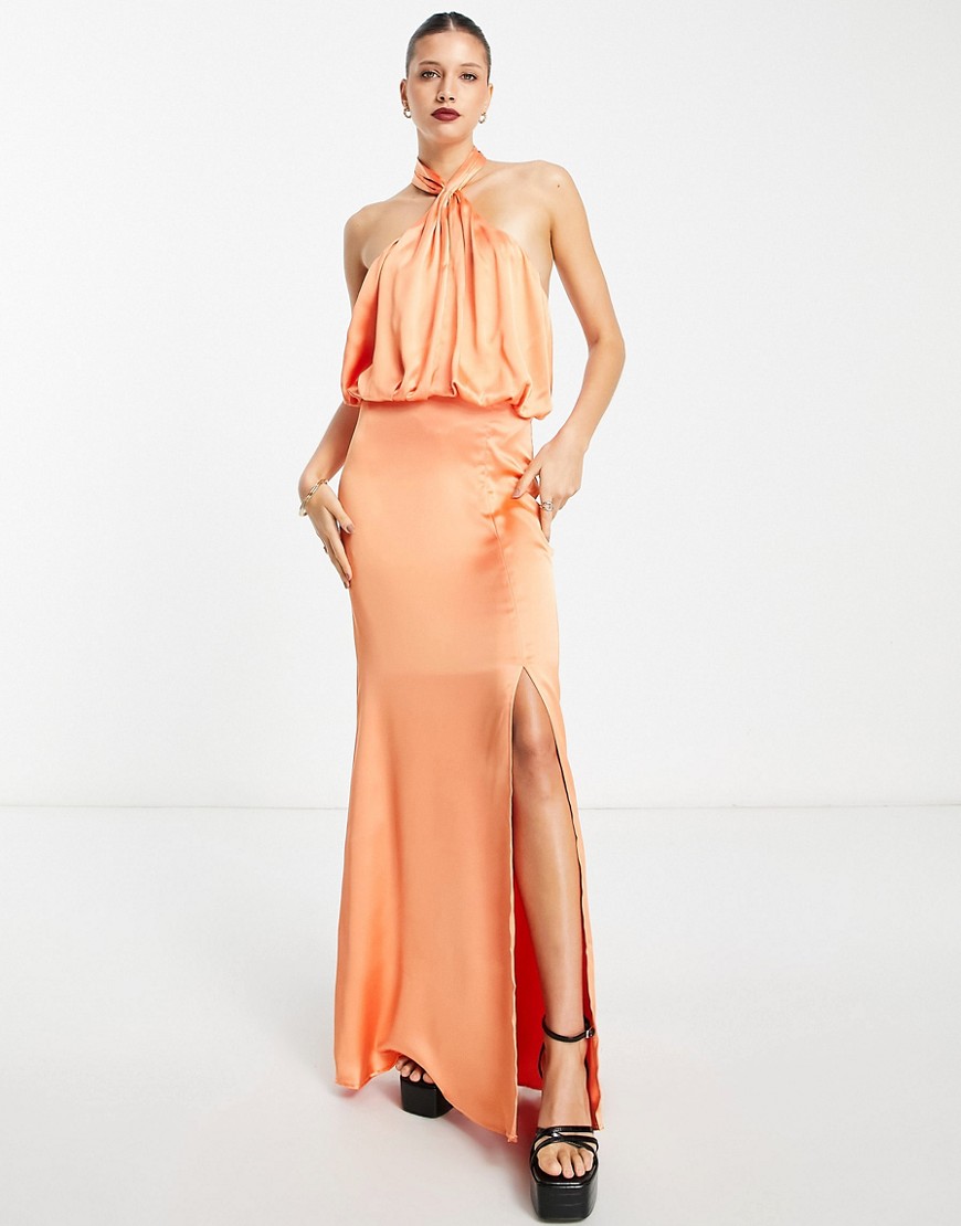 Pretty Lavish twist neck satin maxi dress in orange