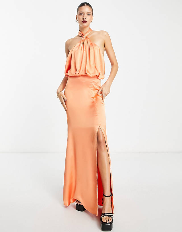 Pretty Lavish - twist neck satin maxi dress in orange