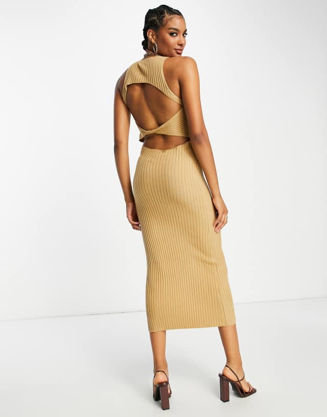 Pretty Lavish twisted open back knit midi dress in camel