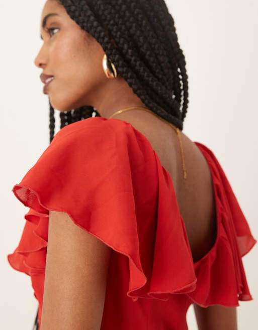 Pretty Lavish Uma cap sleeve ruffle maxi dress in red, 2 of 4
