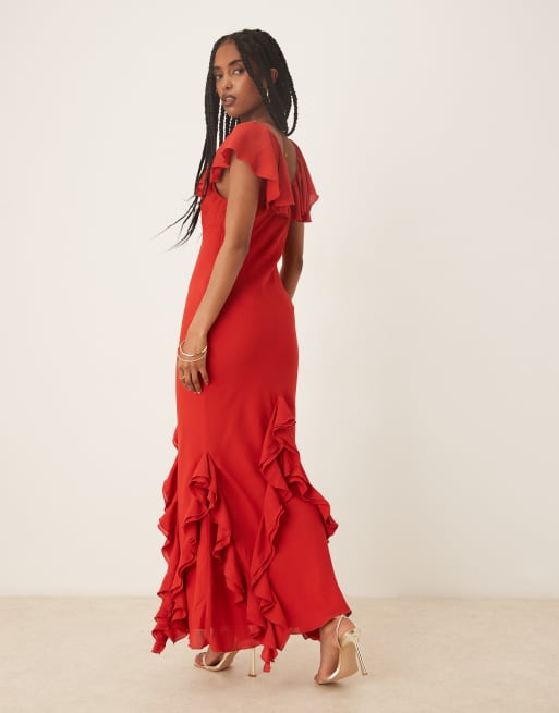 Pretty Lavish Uma cap sleeve ruffle maxi dress in red, 3 of 4