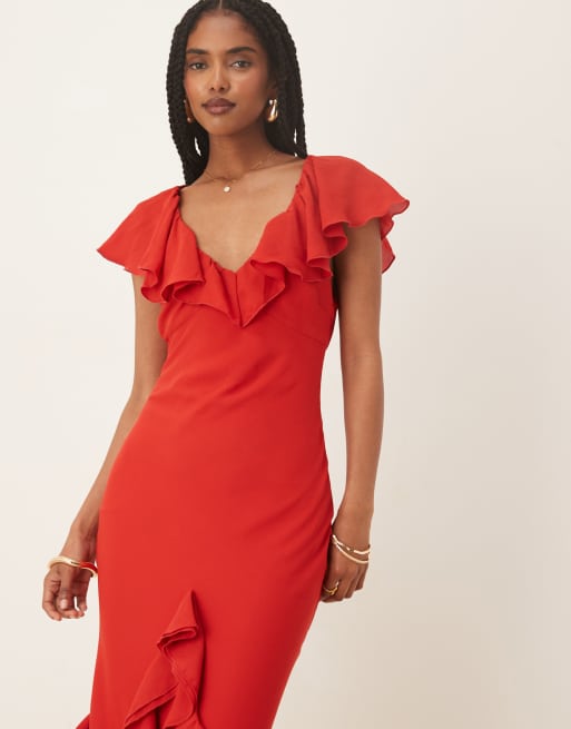 Pretty Lavish - Uma - Maxi jurk met kapmouwtjes en ruches in rood, 4 van 4