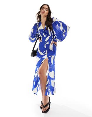 v back balloon sleeve midaxi dress in cobalt-Blue