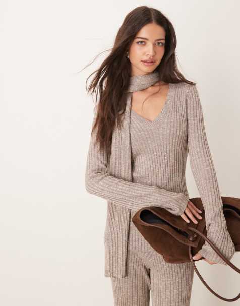 Pretty Lavish v neck ribbed top with scarf  co-ord in grey - view 1
