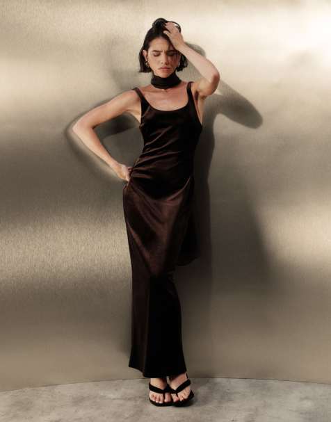 Pretty Lavish velvet scoop neck scarf detail maxi dress in chocolate