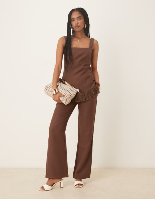 Pretty Lavish Verona fringed tweed top co-ord in chocolate, 3 of 4