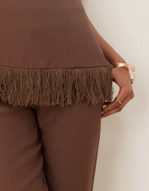 Pretty Lavish Verona fringed tweed top co-ord in chocolate, 4 of 4
