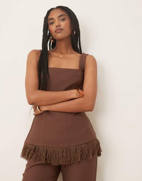 Pretty Lavish - Verona - Top van tweed met franjes in chocoladebruin, deel van co-ord set - view 1