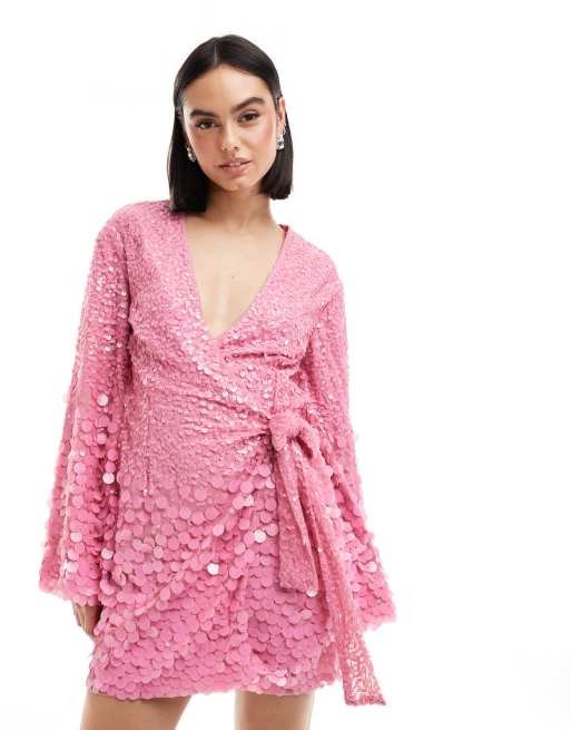 Pretty Lavish Verziertes Kimono Minikleid in Rosa mit ausgestellten Armeln ASOS