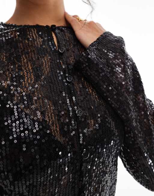 Pretty Lavish - Vest van kant versierd met lovertjes in zwart, 3 van 4