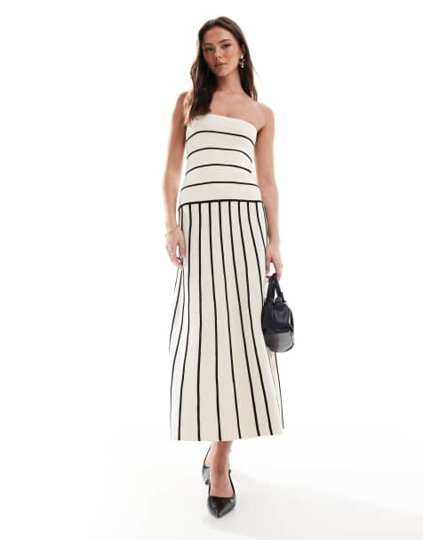 Pretty Lavish - Vestito a fascia in maglia a righe nere e crema con gonna al polpaccio - view 1