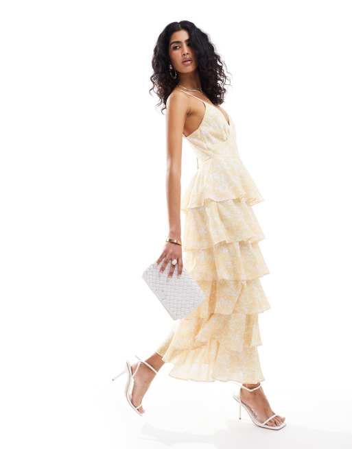 Pretty Lavish - Vestito al polpaccio con volant a balze giallo limone a fiori