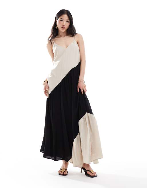 Pretty Lavish - Vestito color pietra con motivo colorblock asimmetrico e gonna al polpaccio
