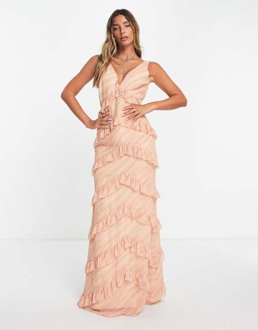 Vestito con gonna al polpaccio a balze terracotta a righe con volant Asos Donna Abbigliamento Gonne Gonne a balze 
