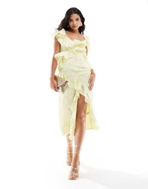 Pretty Lavish - Vestito con gonna al polpaccio color limone burro jacquard a fiori - view 1