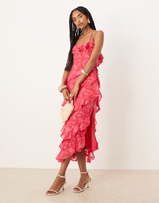 Pretty Lavish - Vestito con gonna al polpaccio con volant fucsia incrociato sul davanti