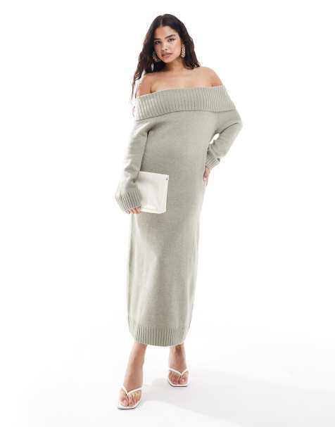 Pretty Lavish - Vestito con gonna al polpaccio in maglia salvia spessa con scollo Bardot - view 1