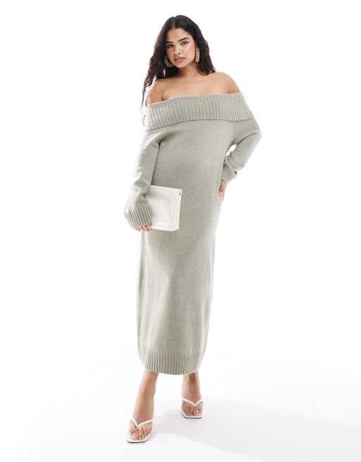 Pretty Lavish - Vestito con gonna al polpaccio in maglia salvia spessa con scollo Bardot