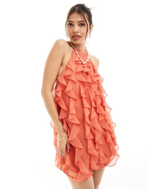Pretty Lavish - Vestito corto allacciato al collo con volant rosa crepuscolare
