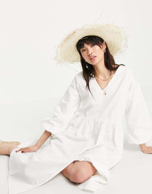 Pretty Lavish - Vestito grembiule midi con maniche a palloncino in cotone crema - CREAM