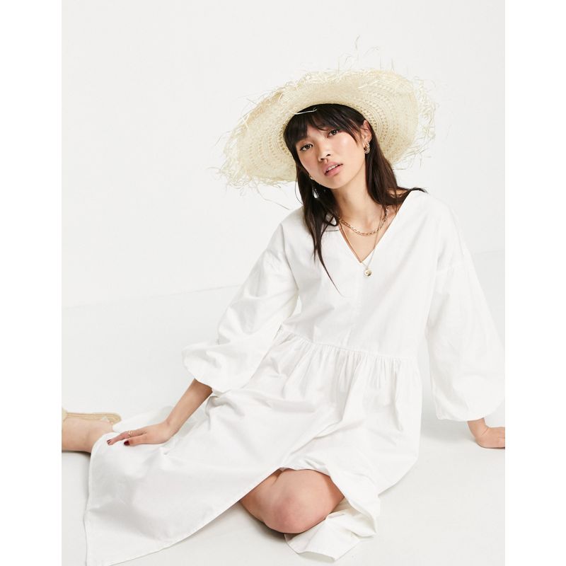Donna Vestiti da sera Pretty Lavish - Vestito grembiule midi in cotone organico con maniche a palloncino crema