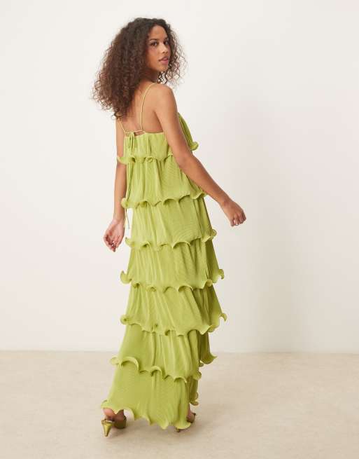 Pretty Lavish - Vestito lungo a balze con volant color pistacchio, 3 di 4
