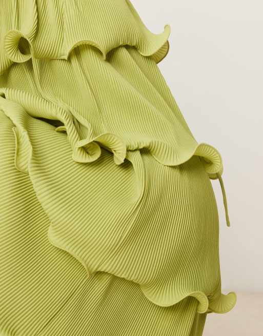 Pretty Lavish - Vestito lungo a balze con volant color pistacchio, 4 di 4