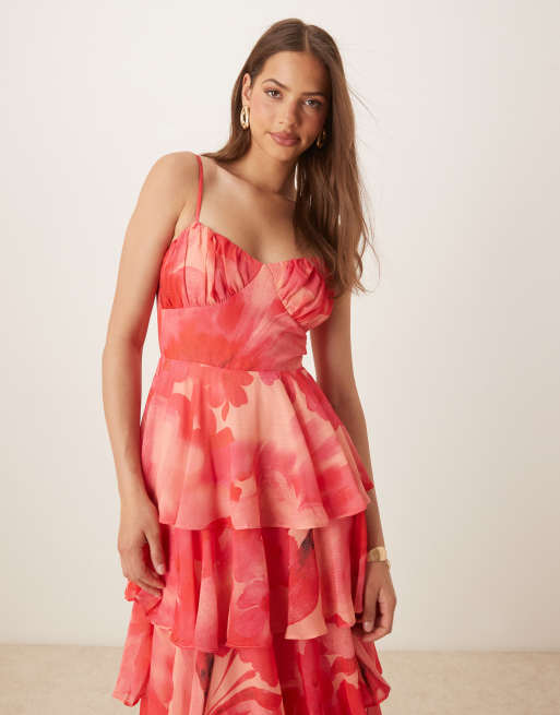 Pretty Lavish - Vestito lungo a balze e con volant a fiori oversize rosa e rossi, 4 di 4