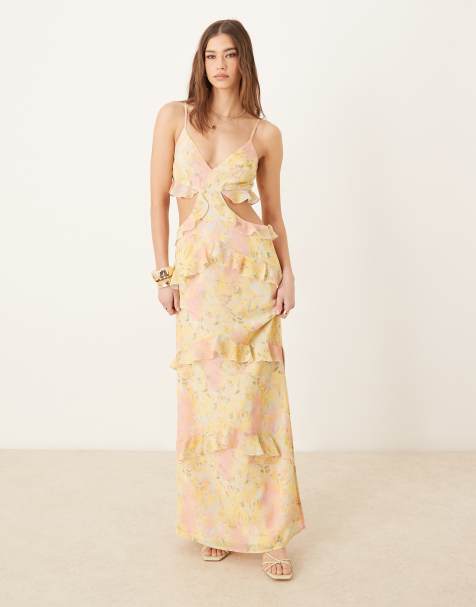 Pretty Lavish - Vestito lungo a fiori astratti in colori vivaci con cut-out e volant - view 1