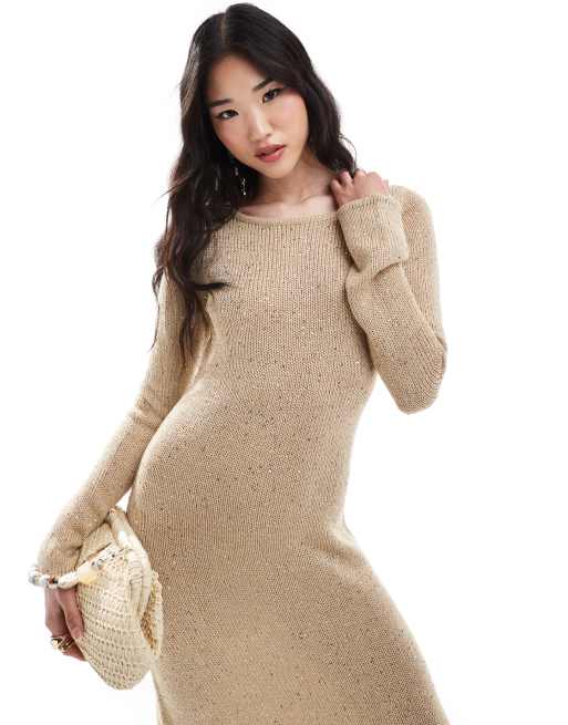 Pretty Lavish - Vestito lungo a maniche lunghe in maglia color champagne oro con paillettes