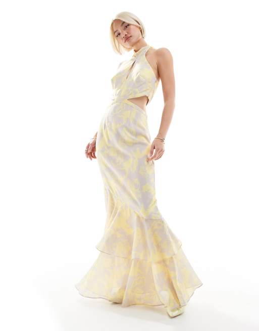 Pretty Lavish - Vestito lungo allacciato al collo a fiori beige e color limone con cut-out