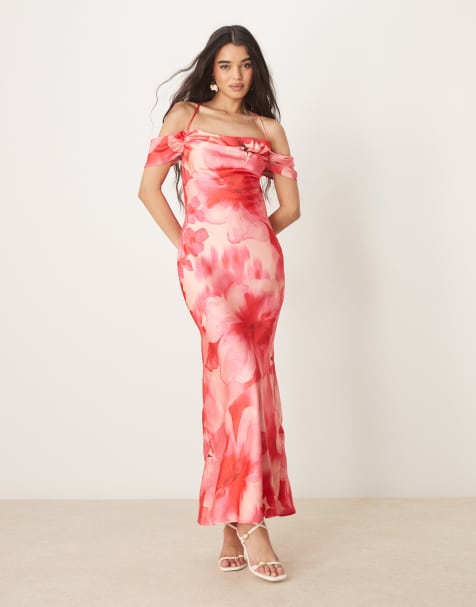 Pretty Lavish - Vestito lungo asimmetrico rosa e rosso e fiori con spacco e spalle scoperte - view 1