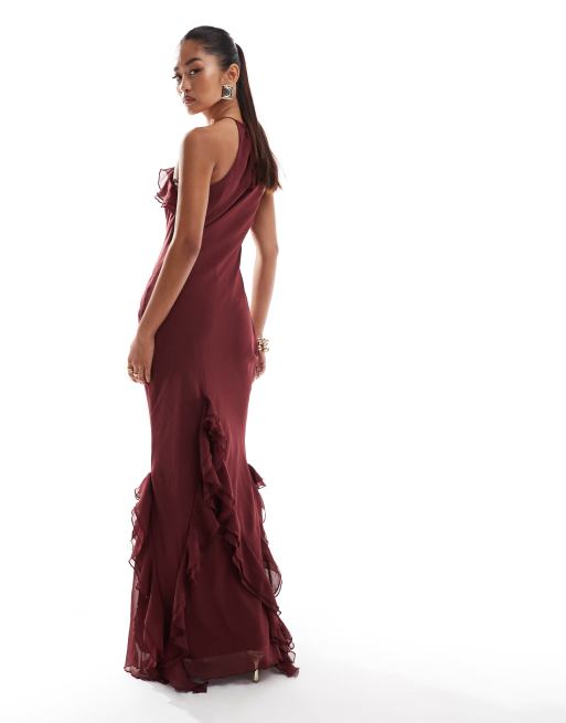 Pretty Lavish - Vestito lungo color vino allacciato al collo con volant, 3 di 4