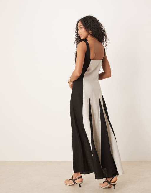 Pretty Lavish - Vestito lungo con scollo squadrato in lino crema e nero a contrasto, 2 di 4