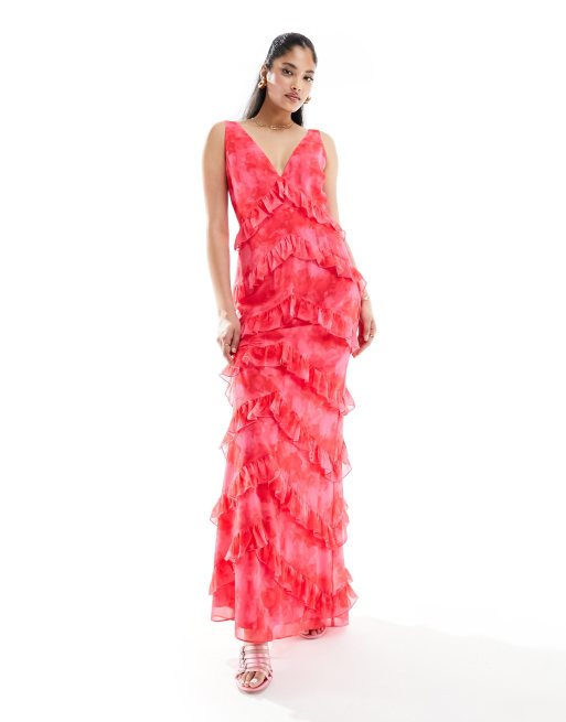 Pretty Lavish - Vestito lungo con volant e stampa rosa e rossa, 3 di 4