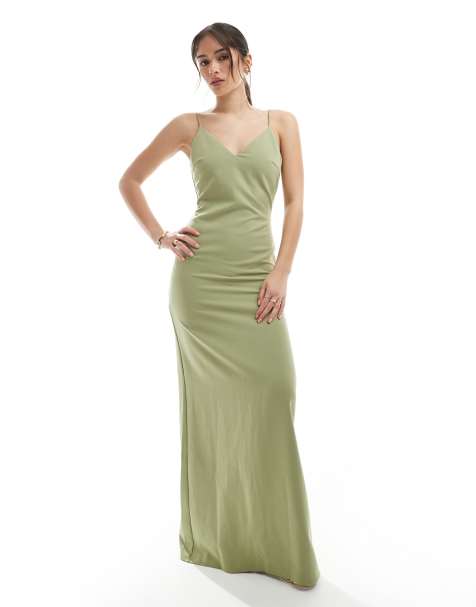 Pretty Lavish - Vestito lungo da damigella in tessuto crêpe color oliva con spalline sottili - view 1