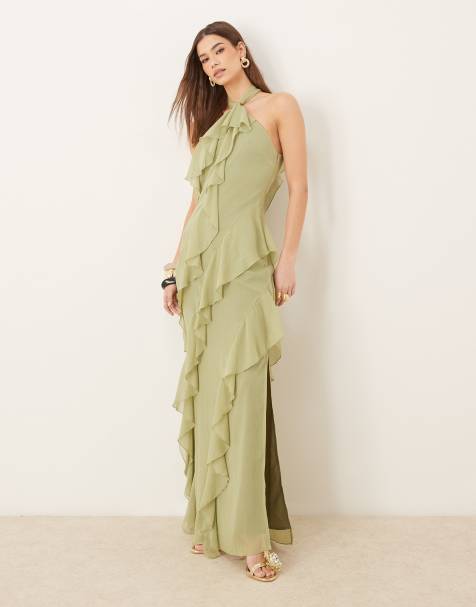 Pretty Lavish - Vestito lungo in chiffon testurizzato color oliva con volant - view 1