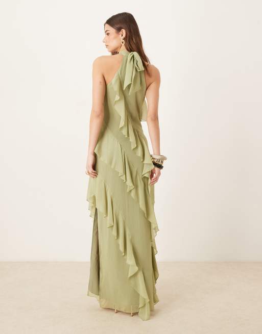 Pretty Lavish - Vestito lungo in chiffon testurizzato color oliva con volant, 3 di 4