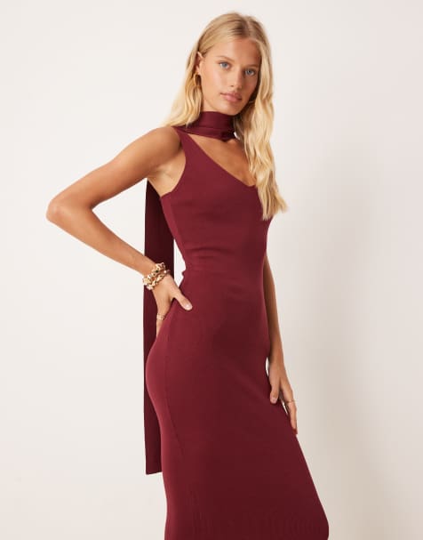 Pretty Lavish - Vestito lungo in maglia bordeaux con scollo stile sciarpa - view 1