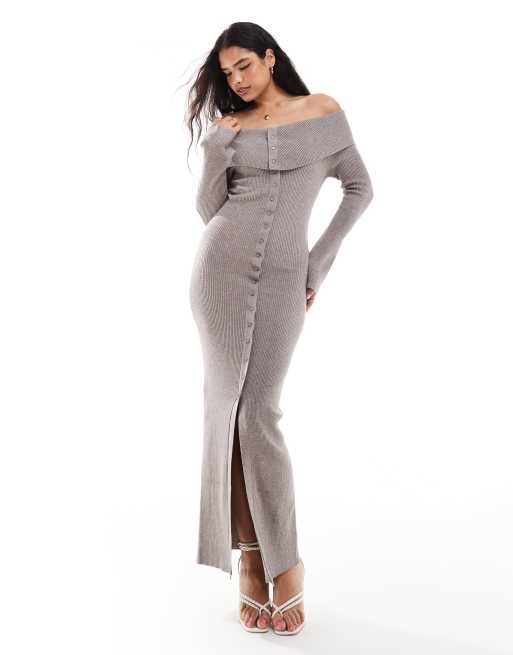 Pretty Lavish - Vestito lungo in maglia color visone con scollo alla Bardot e bottoni