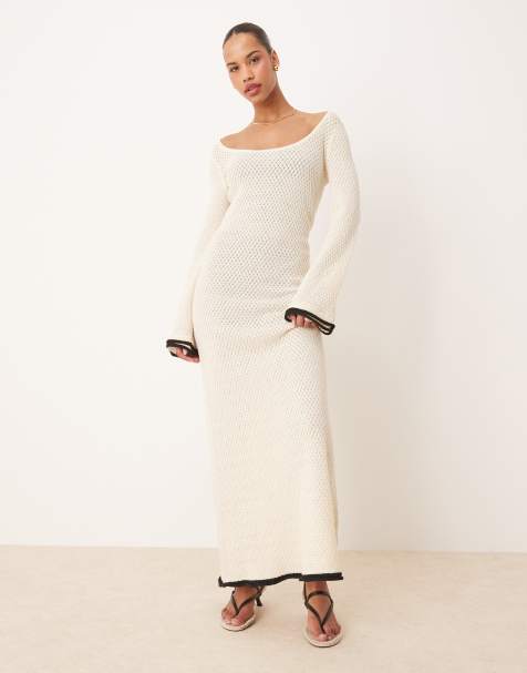 Pretty Lavish - Vestito lungo in maglia crema con maniche con volant a contrasto - view 1