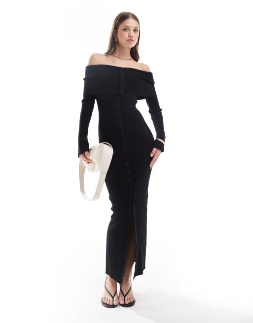 Pretty Lavish - Vestito lungo in maglia nero con scollo alla Bardot e bottoni