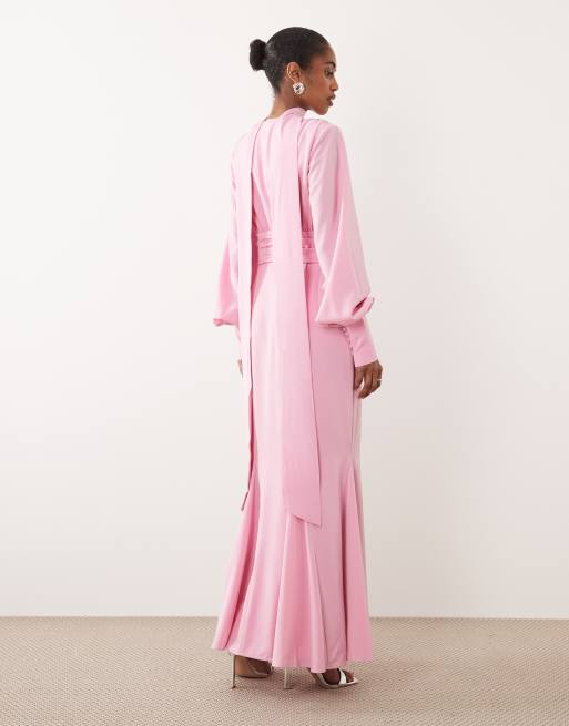 Pretty Lavish - Vestito lungo in raso rosa con scollo a V e polsini profondi, 2 di 4
